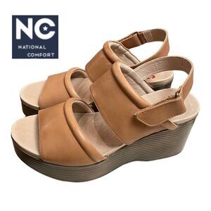NATIONAL COMFORT Alisa Tan Leather Platform Wedge Sandals NEW 9